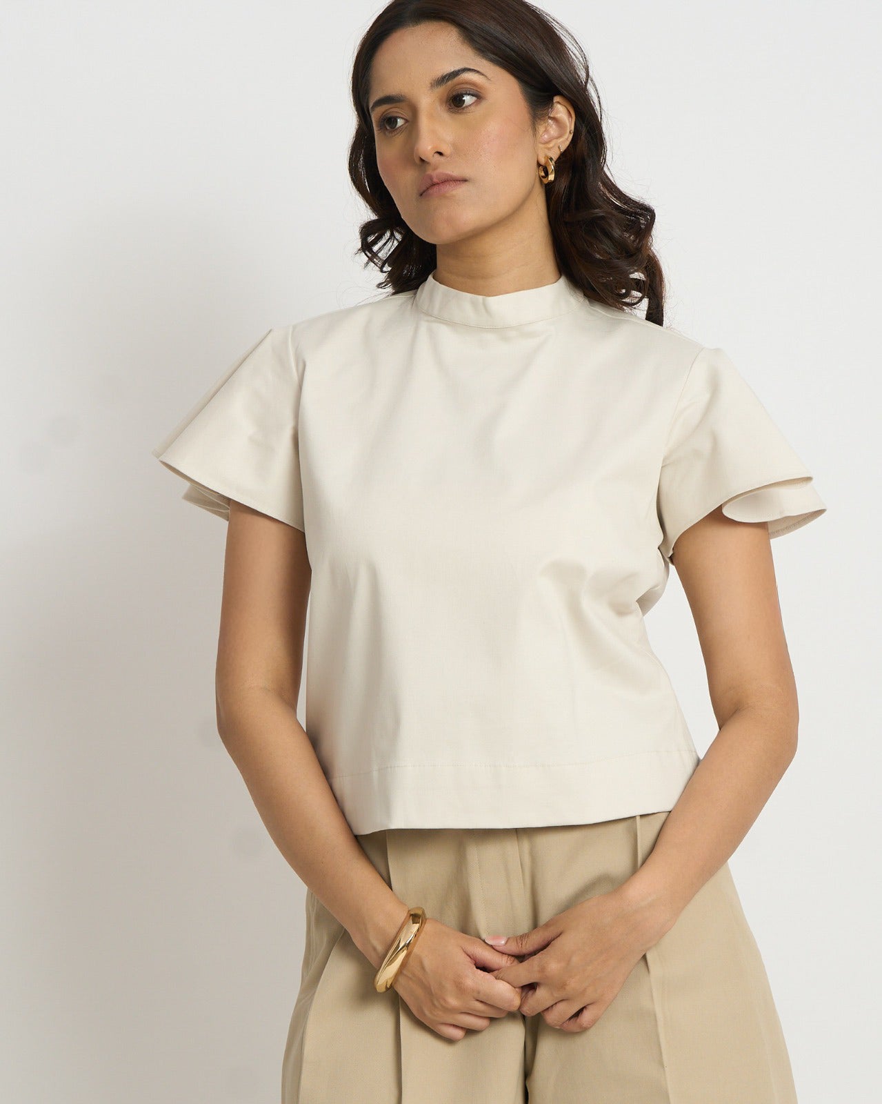 The frill sleeve top in cream  | 100% Cotton