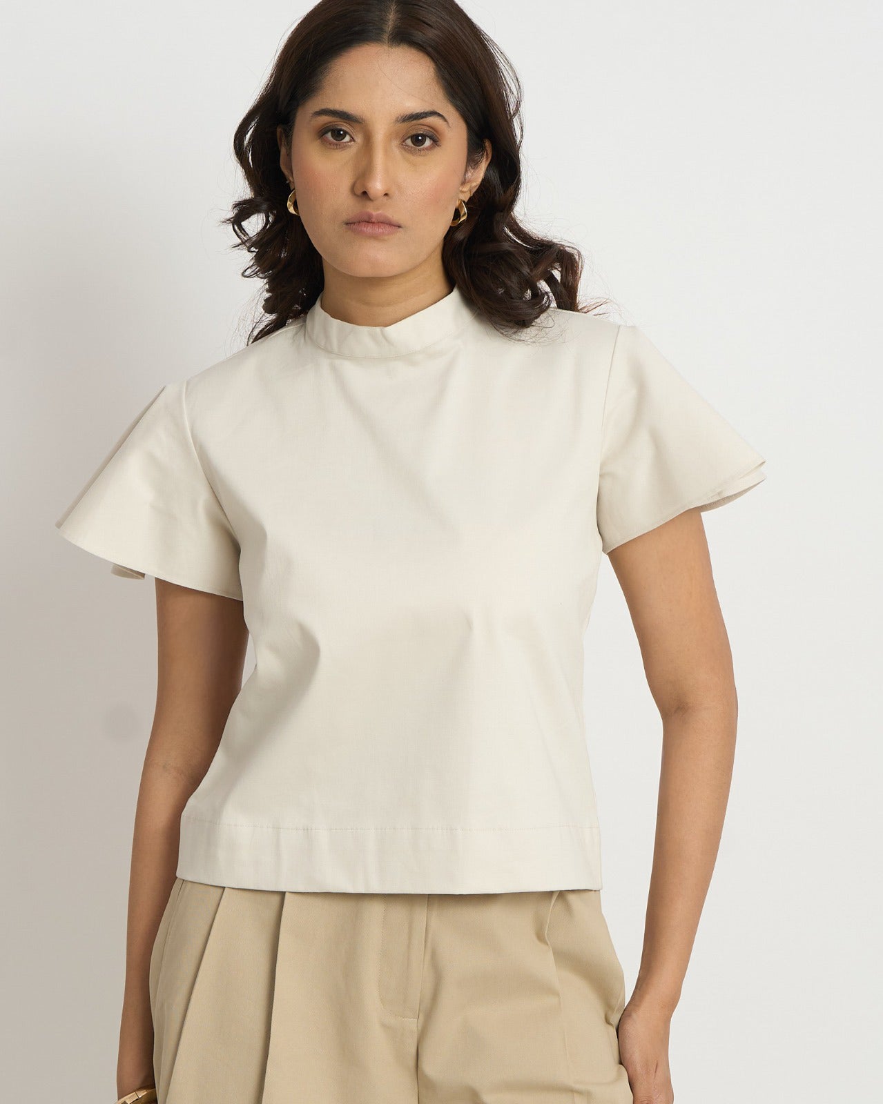 The frill sleeve top in cream  | 100% Cotton