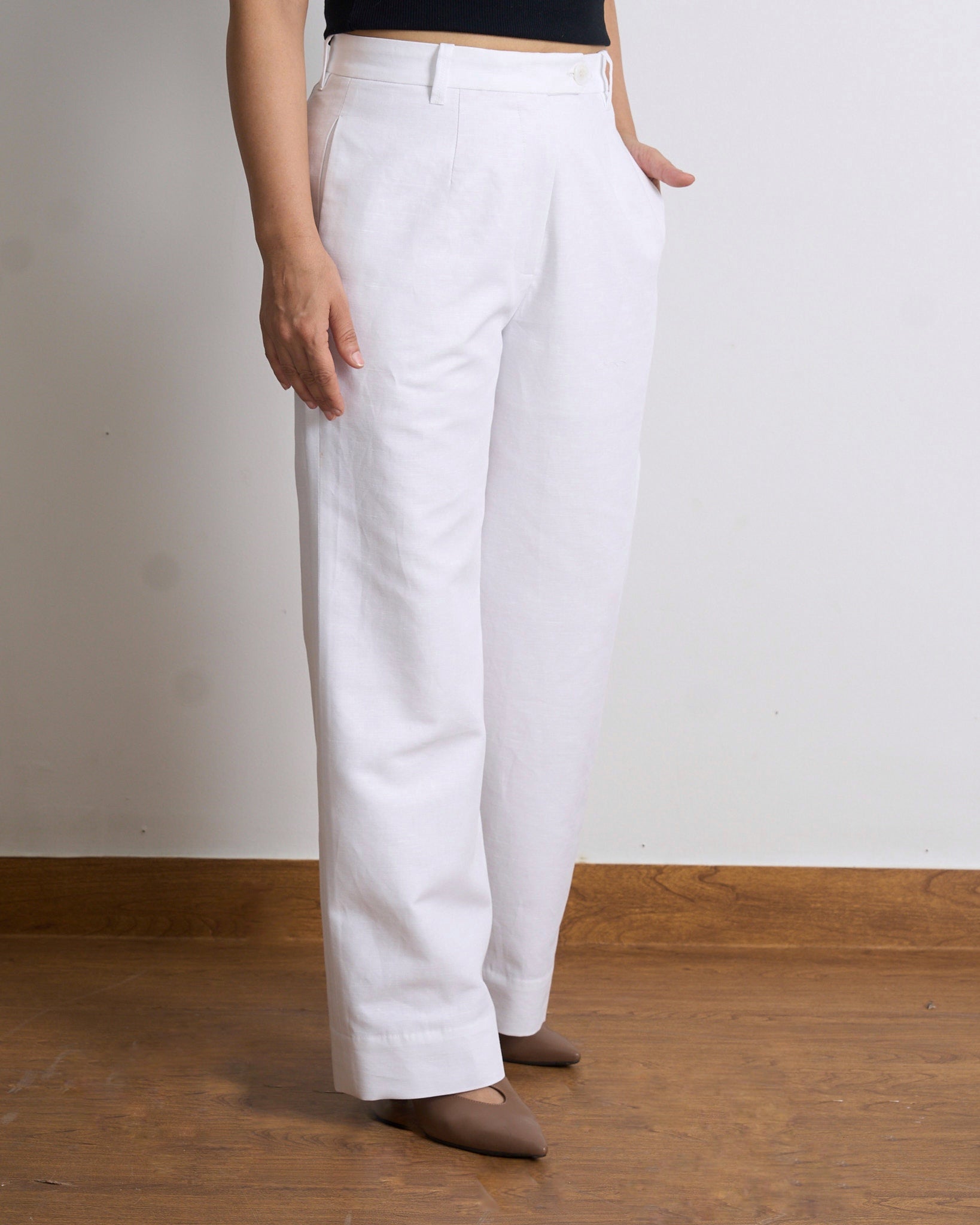 Relaxed Straight Trousers in White | Linen