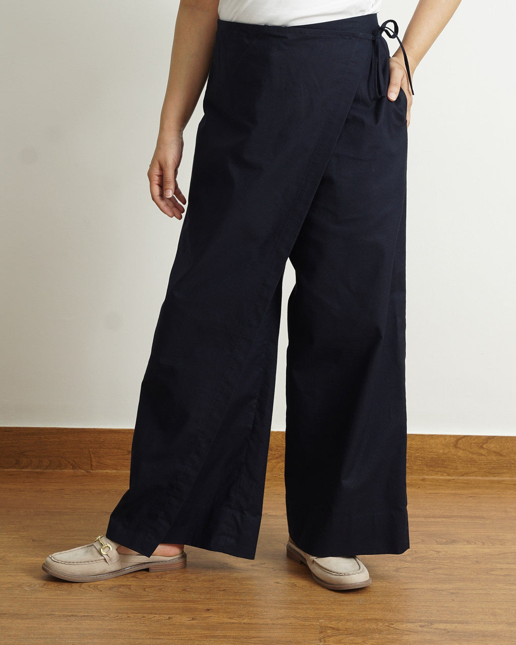 Wrapover Cotton Pants in Navy Blue