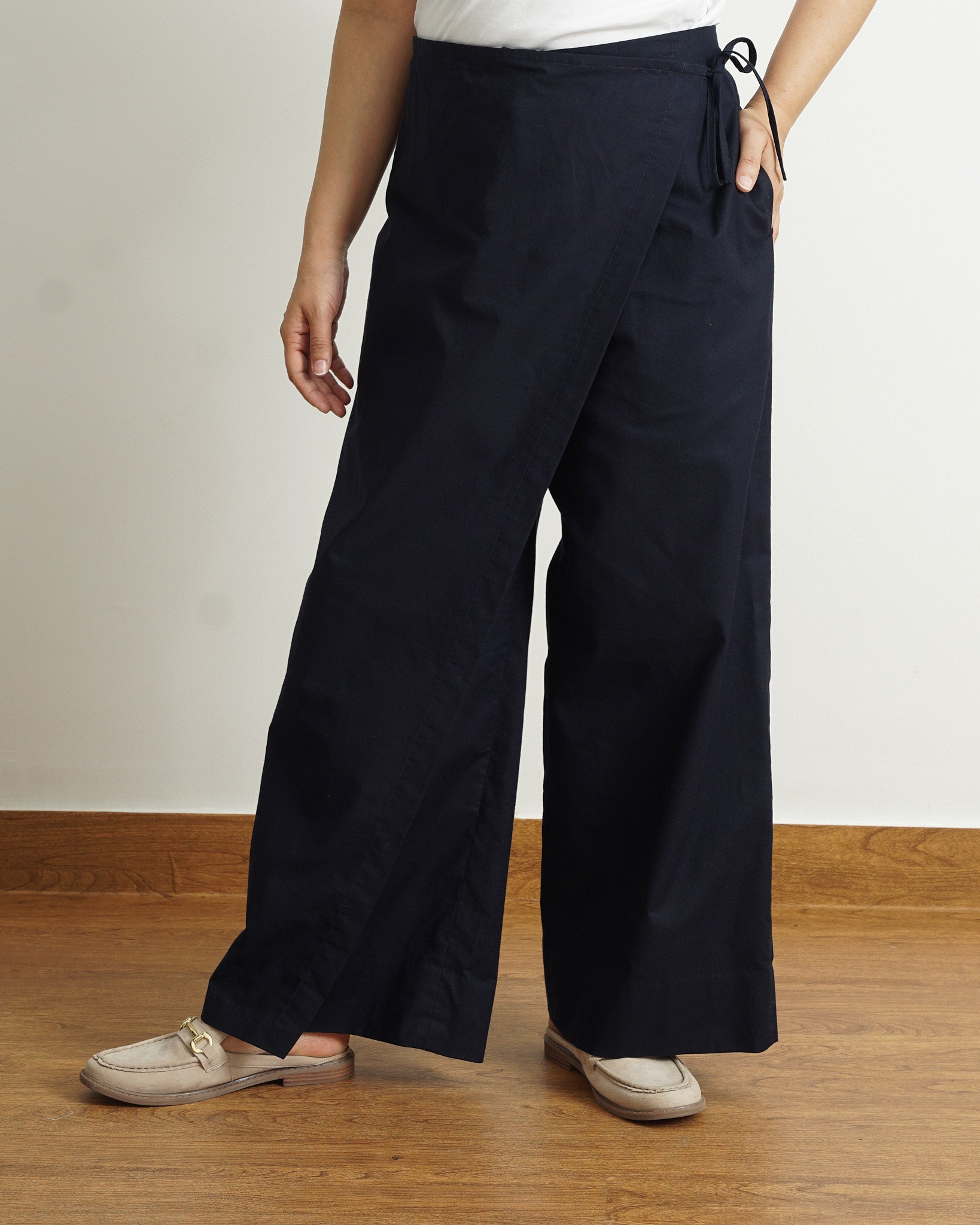 Wrapover Cotton Pants in Navy Blue