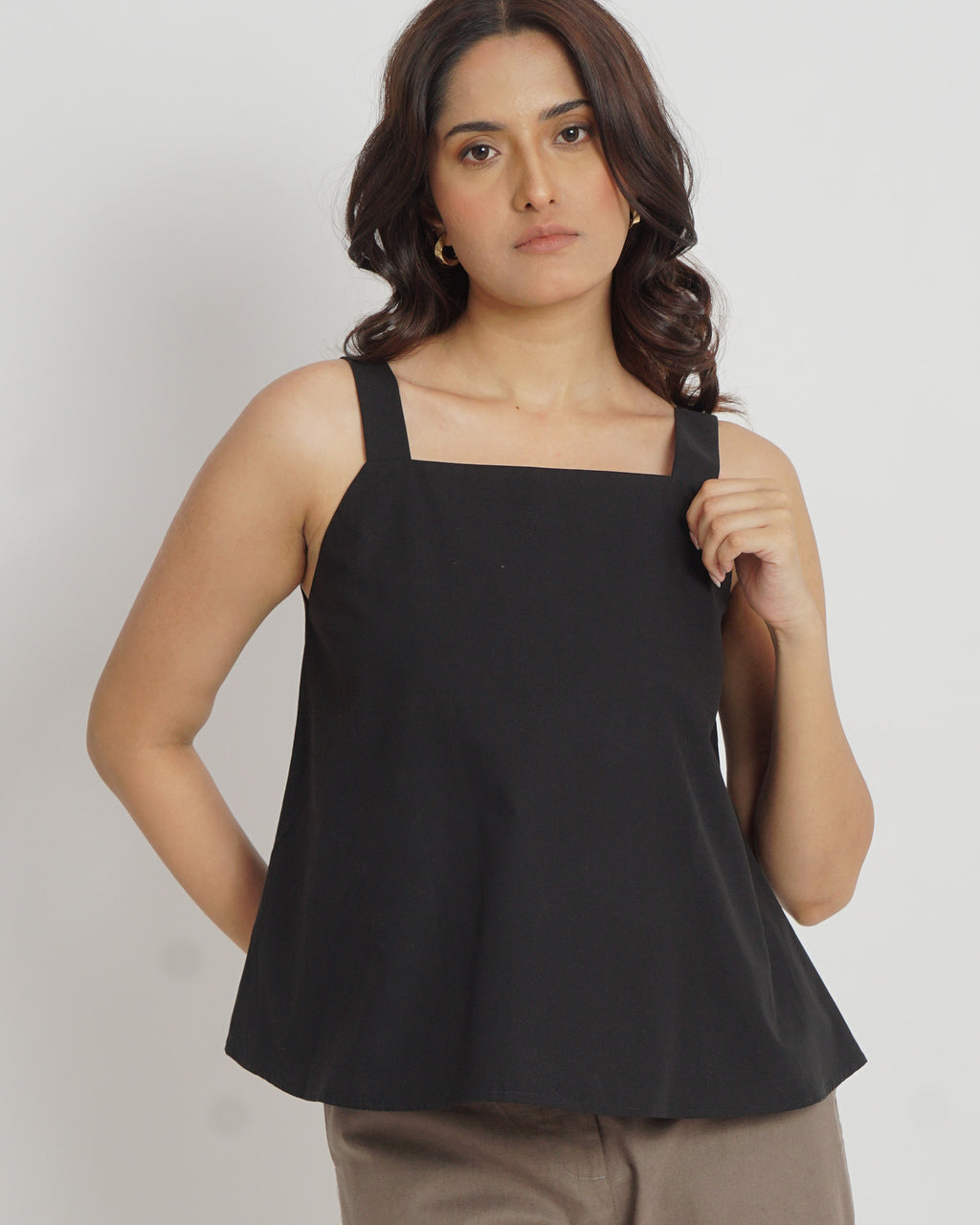 Square Neck Strapped Top in Black | 100% Cotton