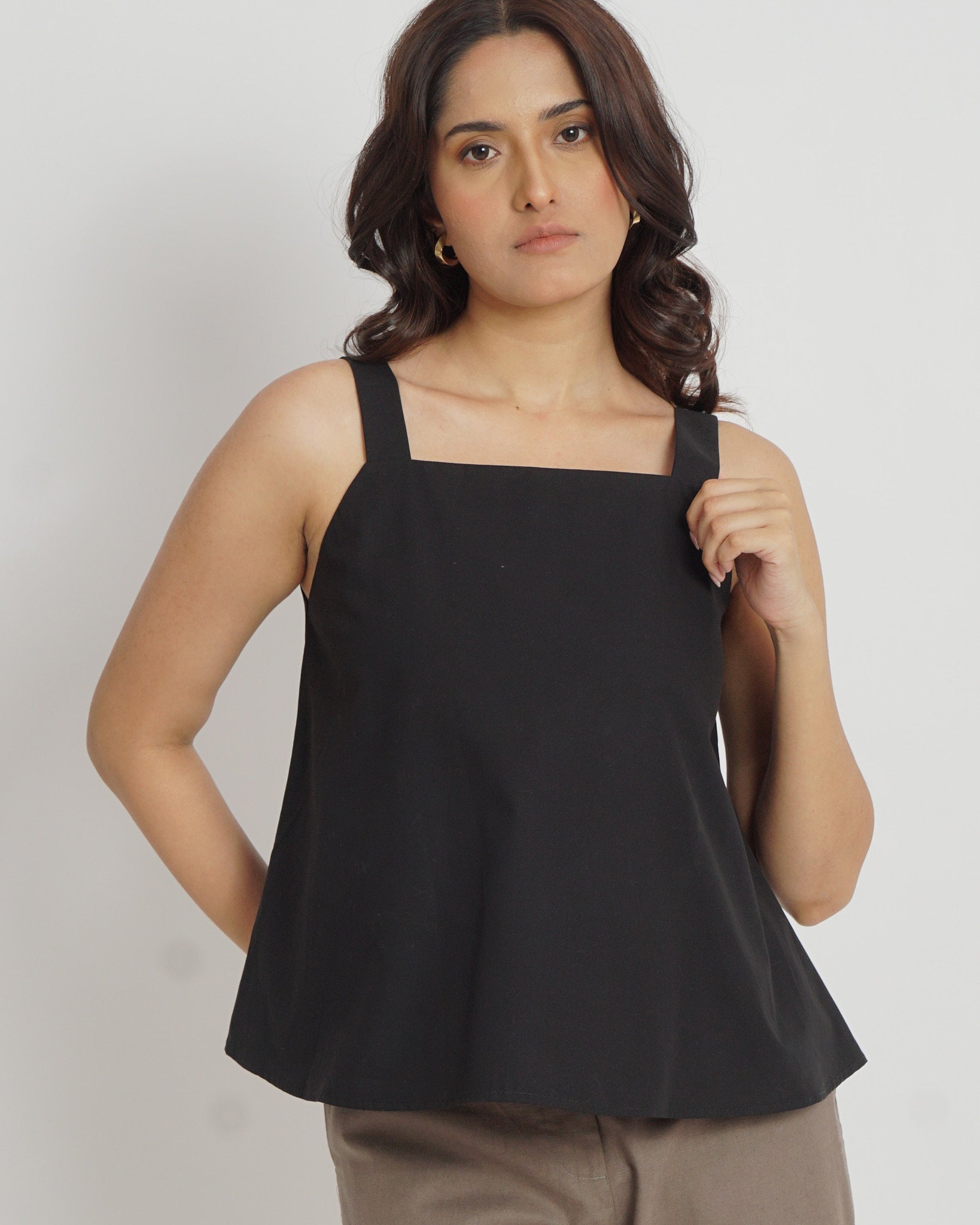 Square Neck Strapped Top in Black | 100% Cotton