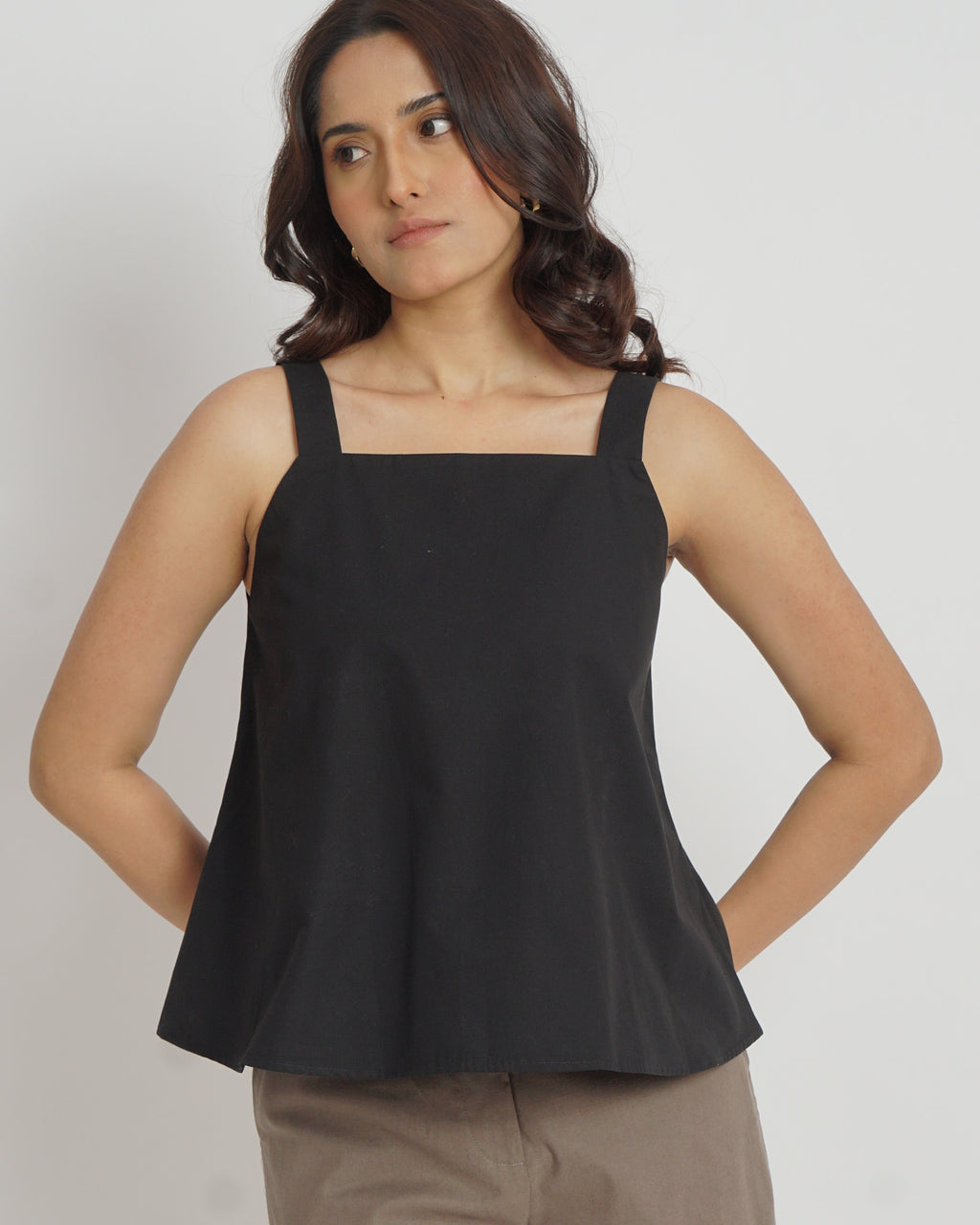 Square Neck Strapped Top in Black | 100% Cotton