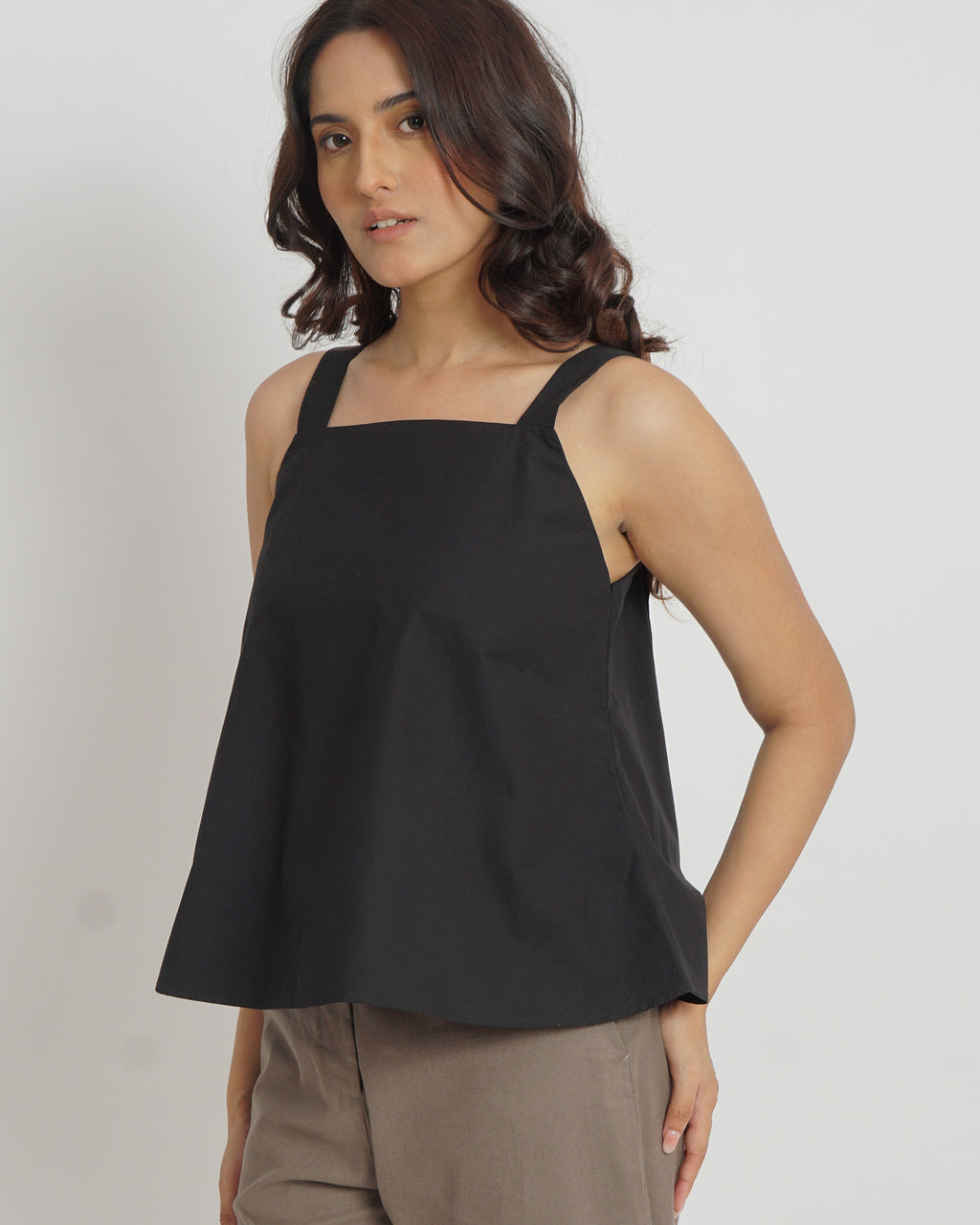 Square Neck Strapped Top in Black | 100% Cotton