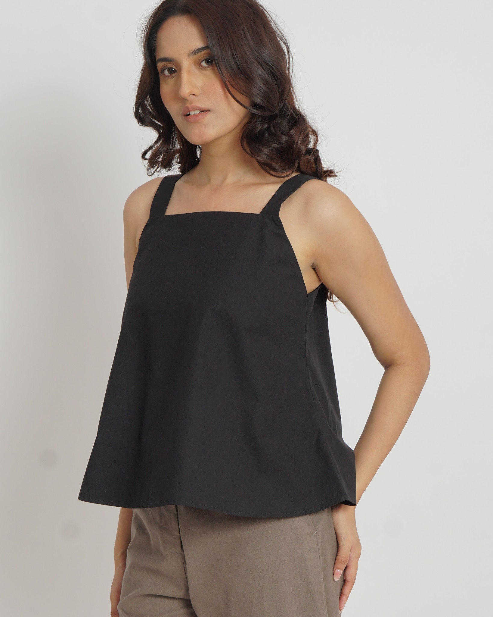 Square Neck Strapped Top in Black | 100% Cotton